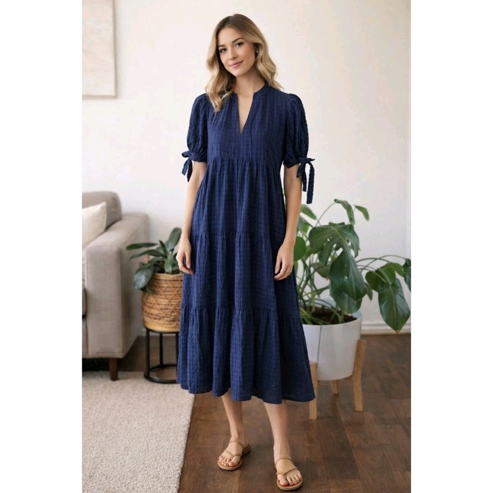 English Factory Plaid Swiss Dot Midi Dress Puff Sleeve Cottagecore Women's Small